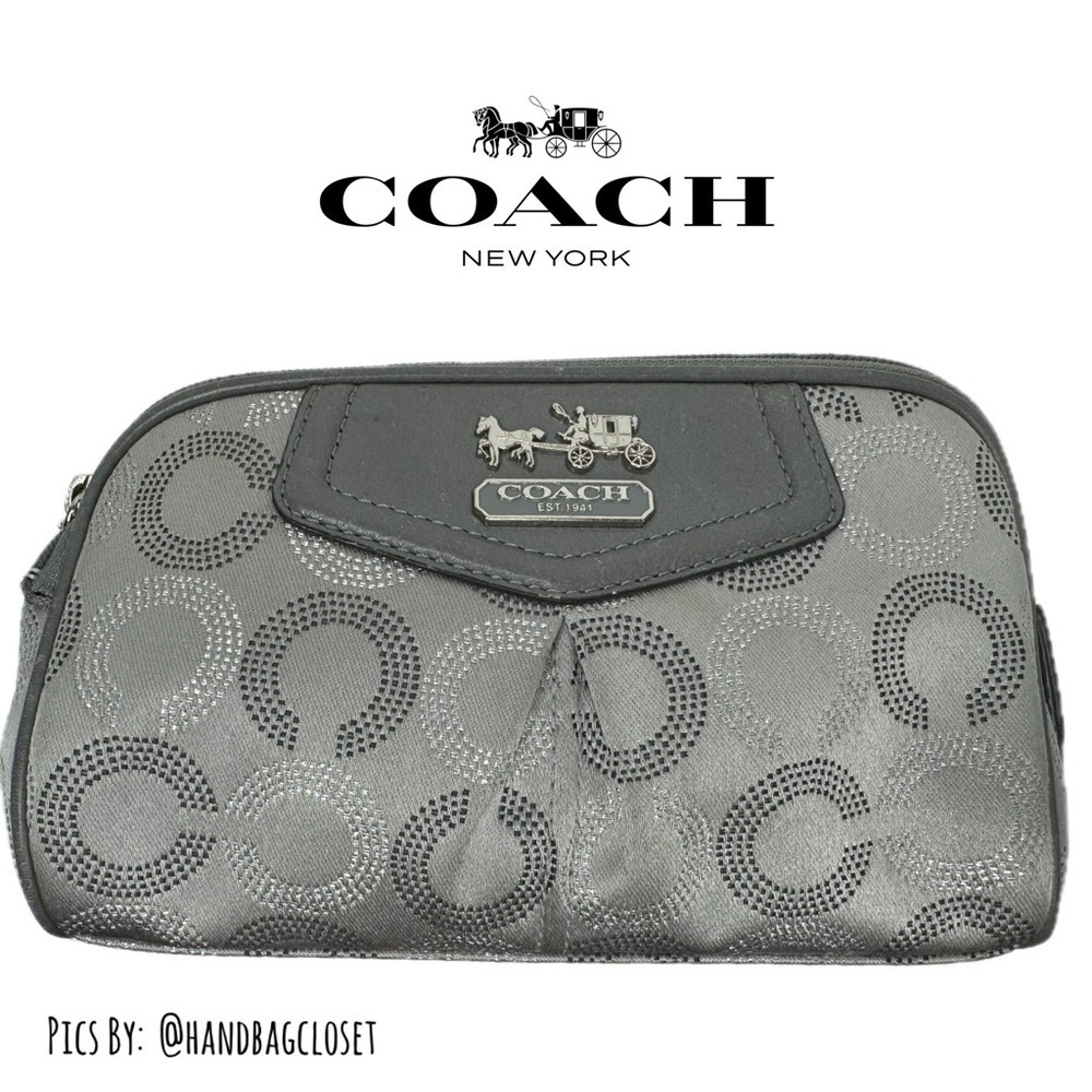 Coach Gray Silver Optic C Vintage Y2K Satin & Leather Carriage Cosmetic Zip Bag - Picture 2 of 12